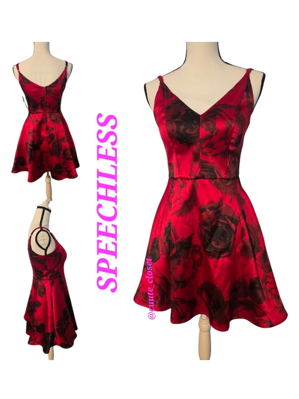 Speechless Romantic Red Rose Print Fit-and-Flare Mini Dress with V-Neck